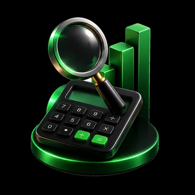 Calculator, magnifying glass, and growth chart on a green podium