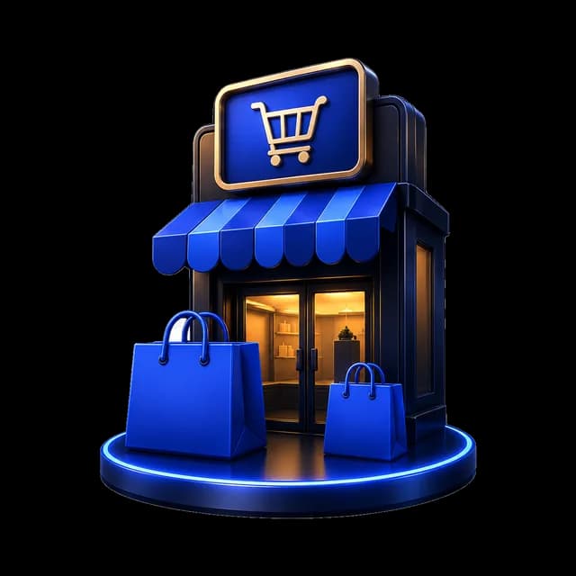 Blue storefront with shopping bags on a glowing podium