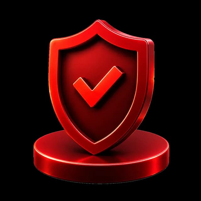Protection shield with checkmark on a red podium