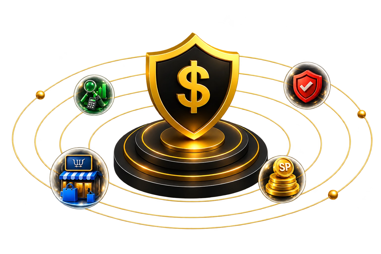 Gold shield with a dollar sign on a podium, orbited by SmartPropFirm reward and analysis icons