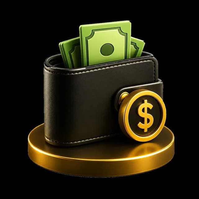 Wallet with cash and a gold dollar coin on a podium