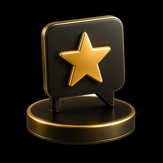 Gold star in a review speech bubble on a podium